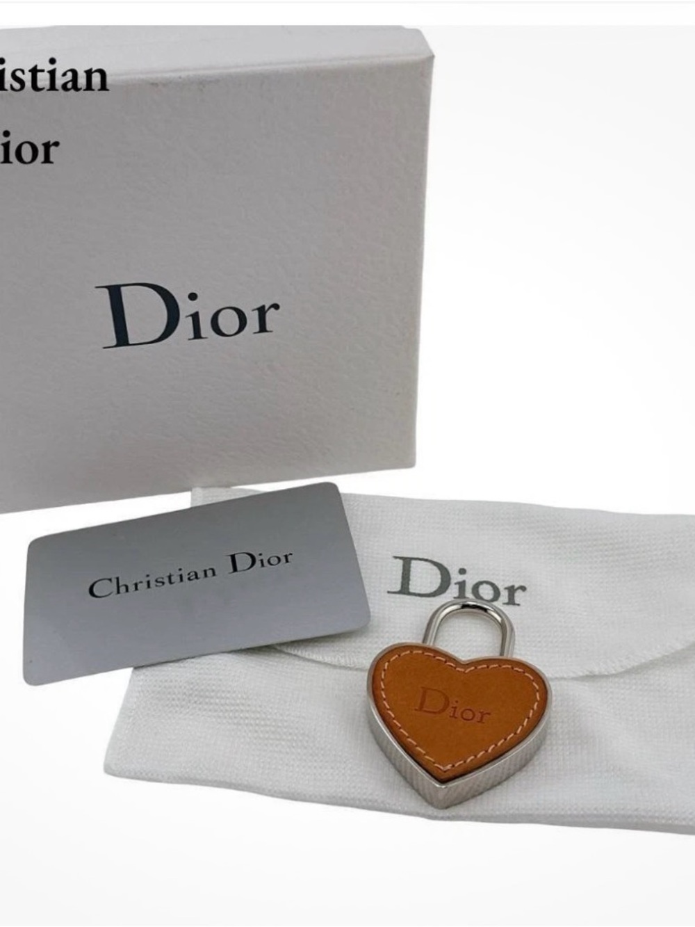 Dior Women's Heart Lock Keychain - Tan Leather Authentic